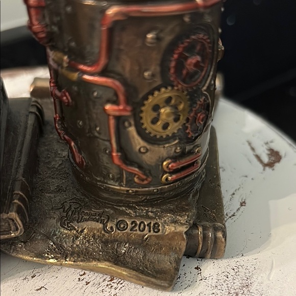 Steampunk Owl Cell Phone Pen Desk Statue Figurine Bronze Aviator Space Halloween - Picture 10 of 13